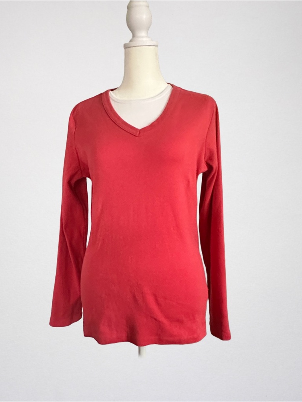 Lands’ End Red V Neck Long Sleeve Top M 10-12 100% Cotton Shaped Fit